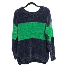 Offline by Aerie Chenille Off Shoulder Ribbed Neck Sweater Navy Green Striped S